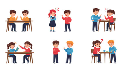 Naklejka premium Diverse group of children engaged in various conflicts and heated arguments while sitting at school desks or standing in pairs.