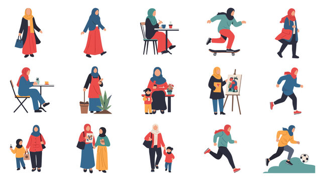 Large set of Muslim women wearing colorful hijabs engaged in diverse daily activities like skating, painting, and playing sports.