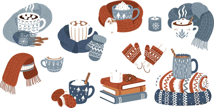 Cozy winter hygge set vector illustration with warm drinks, knitted scarf, mittens, candles and books, autumn comfort lifestyle elements collection