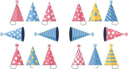 Obraz premium Colorful Party Hat Collection with Fun Patterns and Festive Designs for Birthday Celebrations, Kids Parties, Events, and Holiday Decoration Graphics.
