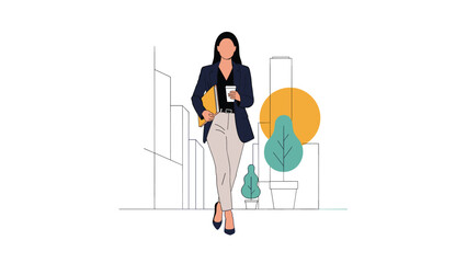 Fototapeta premium Confident businesswoman walks through a modern city street while holding a cup of hot coffee and a yellow document folder.