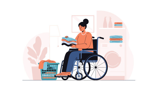 Determined woman in a wheelchair independently manages her laundry tasks at home in a bright and well-organized laundry room.