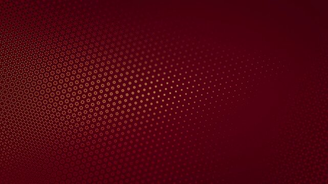Dynamic deep red video pattern with diagonal flow from fine dots and stars to large hexagons and diamonds, density shifts, golden particles and rhythmic motion, seamless loop.