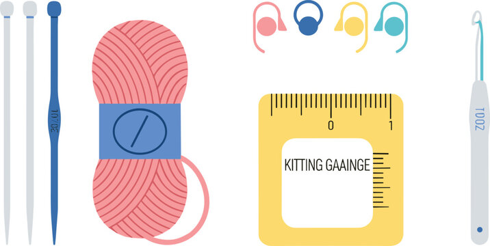 Knitting and Crochet Kit Collection Featuring Yarn Ball, Knitting Needles, Crochet Hook, Stitch Markers, and Pattern Guide for Craft, DIY, and Handmade Projects.