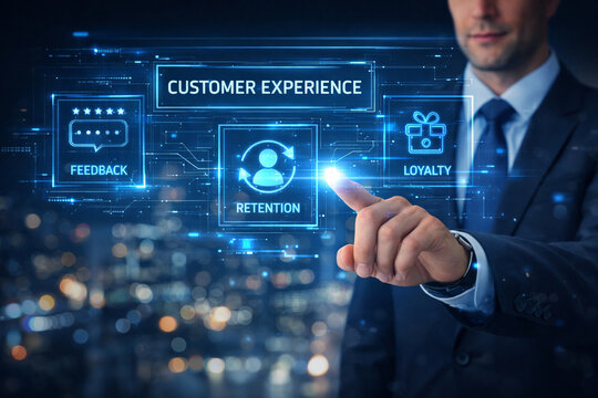 businessman pressing virtual button