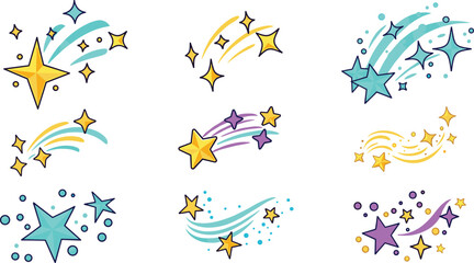Colorful Shooting Star and Sparkle Collection with Magical Twinkle Effects for Fantasy Designs, Celebration Graphics, Party Decorations, and Creative Illustrations. © Sanjida