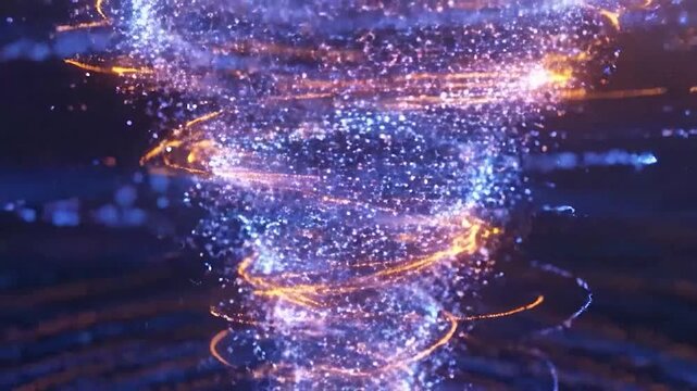 Abstract swirling vortex of glowing particles in a dark environment