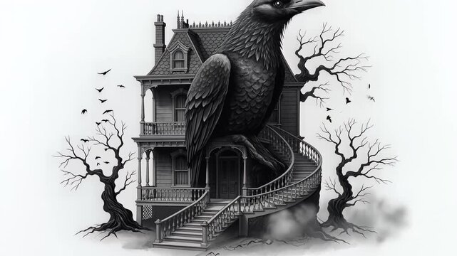 A large crow perches on the staircase of a creepy old house with bare trees and birds flying around.