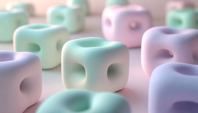 A minimalist 3D render of soft, puffy, interlocking abstract shapes like giant marshmallows