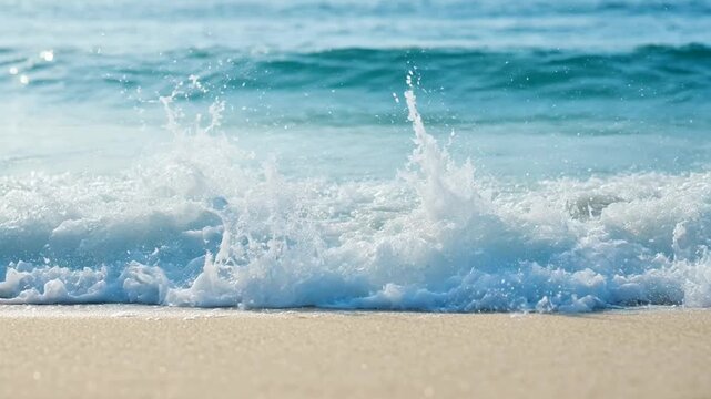 Ocean wave rolling onto sandy beach at sunset serene beach scene with calm blue water and white foam wave crashing gently on shore nature documentaries travel and relaxation themes