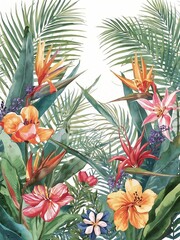 Beautiful watercolor illustration of a botanical garden. Exotic flowers, palm leaves, and ferns. Dreamy and soft textures, vibrant natural colors, hand-painted style on textured paper. 
