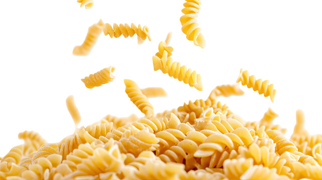 A pile of rotini pasta against a black background with some pieces flying through the air on Transparent Background