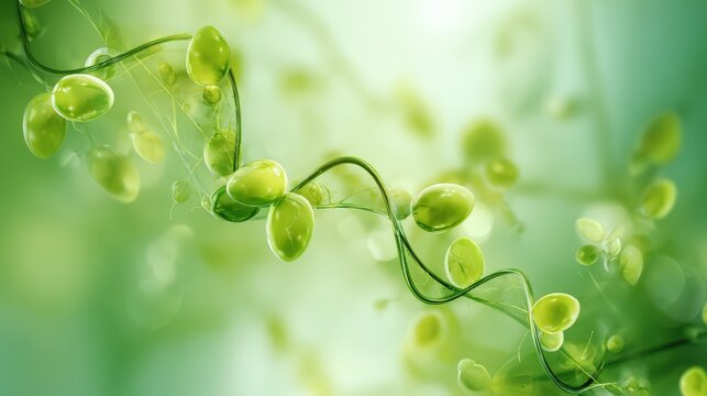 Close-up of vibrant green plant cells with delicate tendrils and glossy oval structures in a luminous natural environment