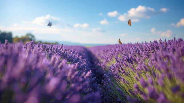 Beautiful butterflies flying over a vibrant purple lavender field on a sunny day with clear blue skies and white clouds
