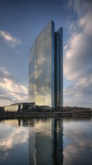 Obraz premium Modern glass office skyscraper reflecting the sky and clouds during sunset near water