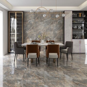 A contemporary dining area showcasing polished marble flooring and minimalist design