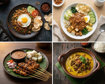 Indonesian Food Collage with Nasi Goreng, Gado Gado, Sate Ayam and Gulai Kambing Traditional Cuisine Set
