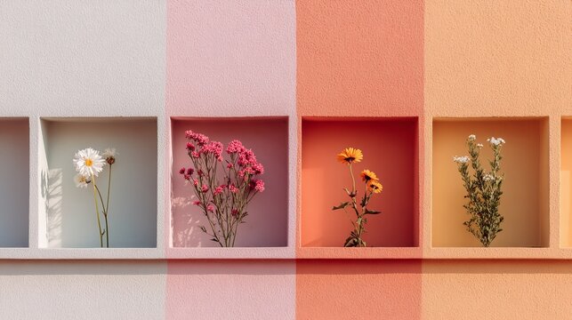 a photo of a colorful pastel-colored wall with four squares filled with different flowers