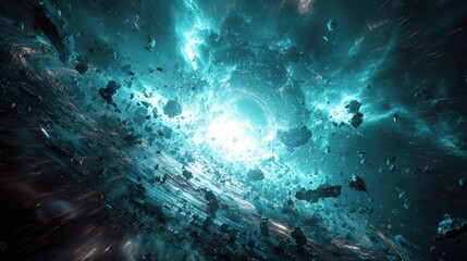 Obraz premium Futuristic Space Explosion with Asteroids and Bright Central Light in Deep Blue Universe Scene