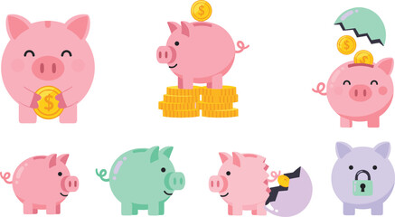 Obraz premium Piggy Bank Saving Money Concept Set with Coins Lock and Umbrella Financial Security Budget Investment and Personal Finance Vector Illustration