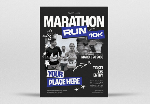 Black Grunge Run Marathon Flyer Layout