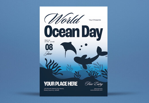 Blue And White Flat Design World Ocean Day Flyer Layout