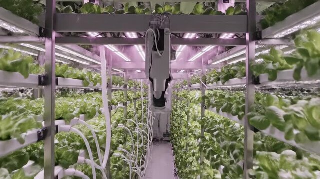Indoor hydroponic farm with lush green plants growing under LED lights.