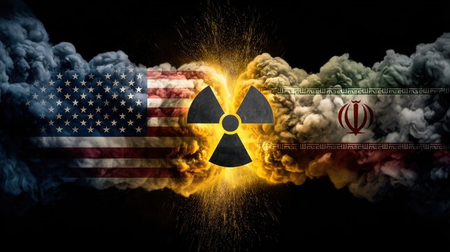 Vibrant photo of United States and Iran flags in smoky conflict with central nuclear symbol and explosion on black background