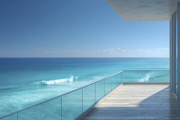 Fototapeta premium Luxury oceanfront balcony with glass railing overlooking turquoise ocean waves under clear blue sky on sunny day