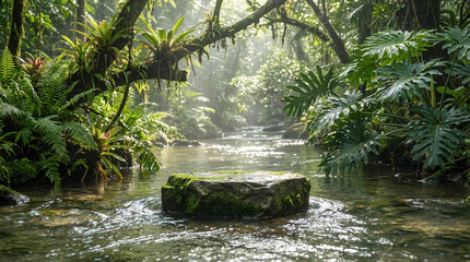 Fototapeta premium Natural Stone Stage in Lush Tropical Garden by the Water