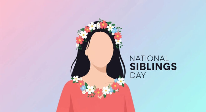 National siblings day illustration with woman wearing floral crown and pink shirt on pastel background