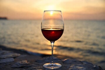 Naklejka premium A glass of red wine rests on rocks at a sunset beach scene.