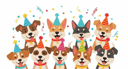 Obraz premium Happy dogs wearing party hats and colorful scarves celebrate with confetti on white background
