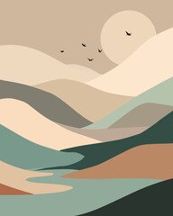 Obraz premium An abstract illustration depicts a serene mountain range landscape at sunset with rolling hills and a winding river.