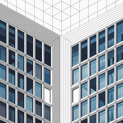 Obraz premium Corner view of two white office buildings with blue-tinted windows and geometric patterns