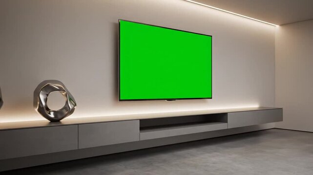 Modern living room interior with a large green screen television mounted on a sleek gray wall, perfect for digital content display or advertisement mockup