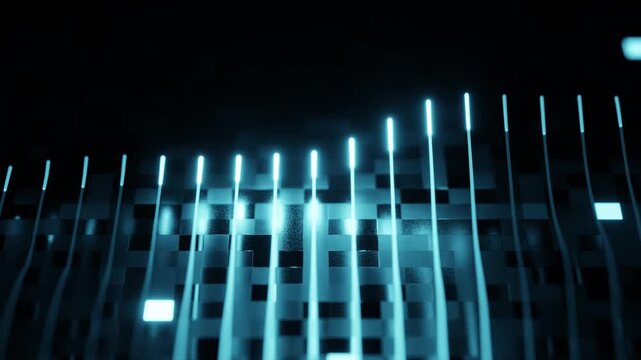 Abstract blue data waves flowing across a futuristic circuit landscape, created using 3D animation and procedural shaders in Blender, glowing digital technology background.
