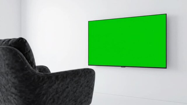 Modern Living Room with a Large Green Screen Television Display Mounted on a White Wall Near a Plush Armchair