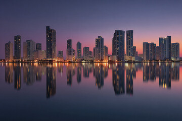 Fototapeta premium Metropolitan skyline reflection on calm bay at twilight with gradient sky and illuminated high rise buildings creating peaceful urban atmosphere