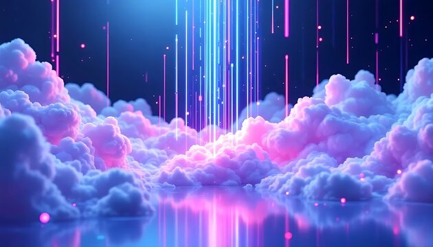 Experience a stunning dreamscape with vibrant neon lights and dreamy pink clouds in a surreal landscape