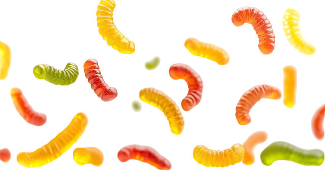 A colorful assortment of gummy worms suspended against a black background on Transparent Background