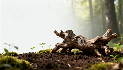 Fototapeta premium Twisted wooden log rests on rich soil, surrounded by small green seedlings, with soft sunlight filtering through trees, creating a serene forest atmosphere with copy space
