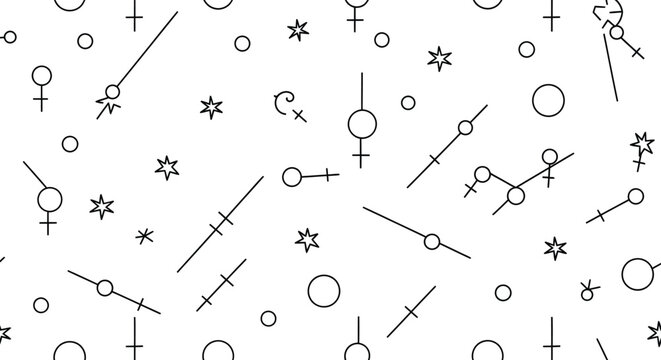 Minimalist Astrology Celestial Symbol Seamless Pattern with Venus Stars Circles on White.Esoteric Planetary Sigils with Sacred Geometric Alignments. Mystical Branding Asset. Cosmic Wisdom Concept.