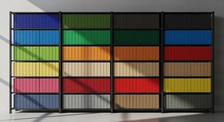 Fototapeta premium Colorful Storage Bins on Industrial Shelving Unit, Modern Warehouse Organization and Inventory Management Concept, Clean Product Display Mockup