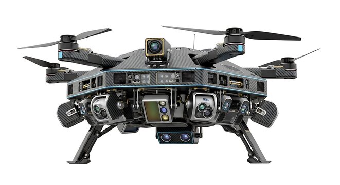 A high-tech drone with multiple propellers and cameras on a white background