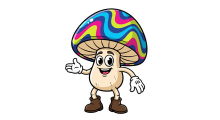 Fototapeta premium Cheerful cartoon mushroom character with a vibrant colorful cap white gloves and brown boots isolated on a clean white background