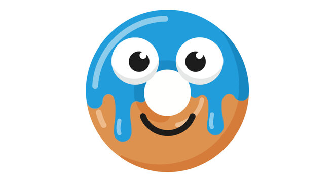 Cartoon donut character with blue frosting and happy face isolated on white background ideal for food concepts and confectionery branding