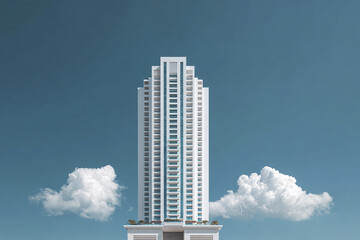 Fototapeta premium Modern white high rise building with symmetrical design stands tall against clear blue sky with two fluffy clouds, creating serene and balanced urban scene