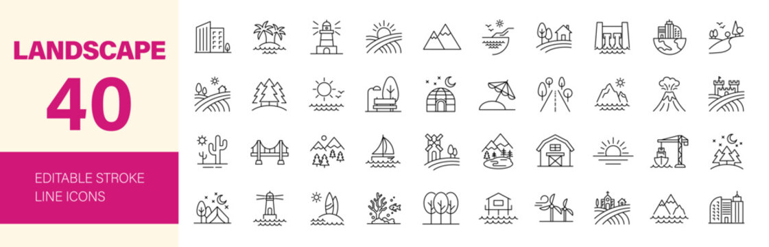 Landscape icon set. Editable line icons. Vector illustration.