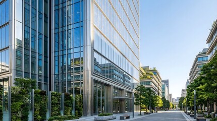 Obraz premium Street view of eco-friendly corporate glass building with living green walls